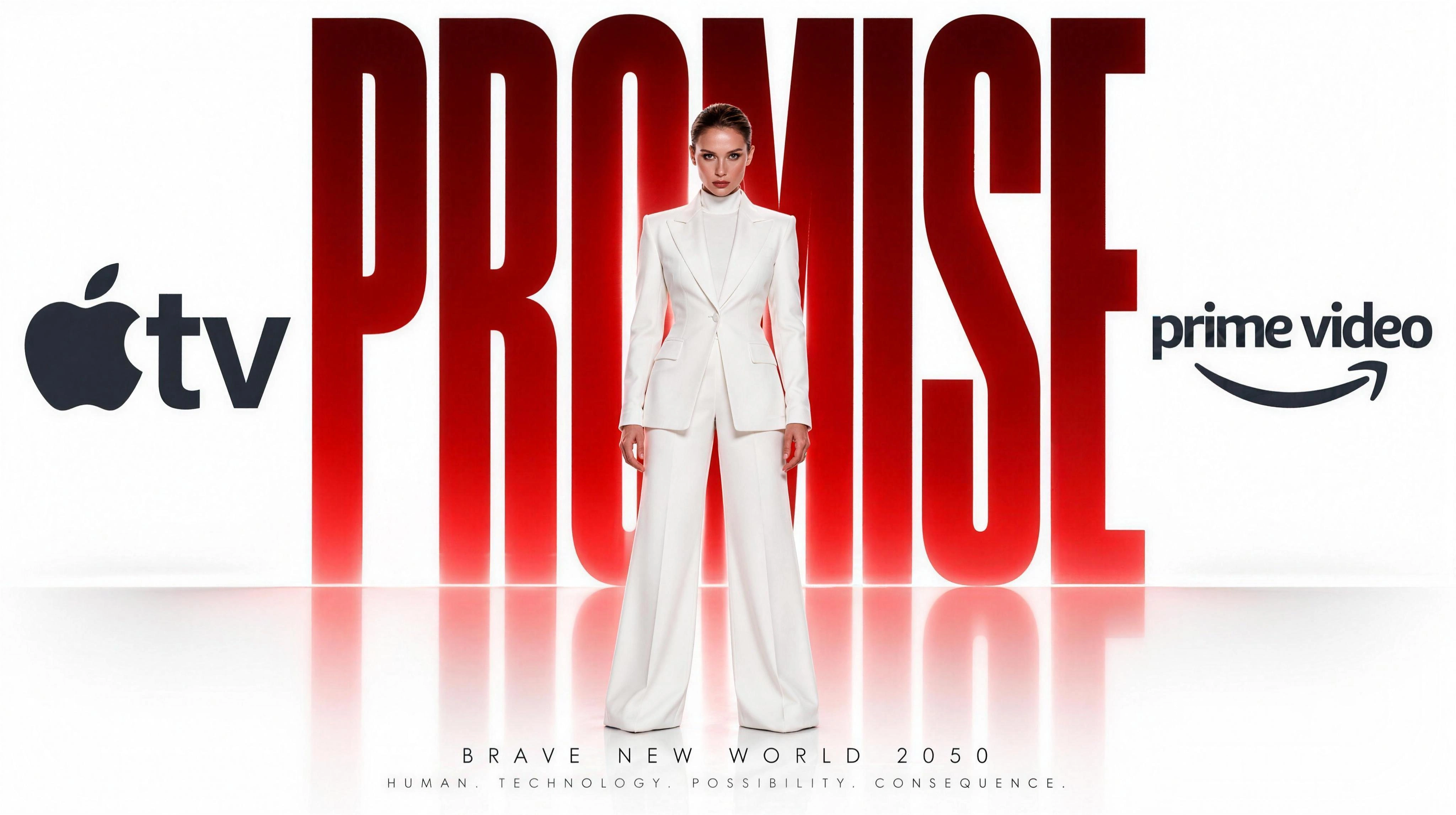 PROMISE campaign artwork: a woman in a white suit in front of monumental red lettering